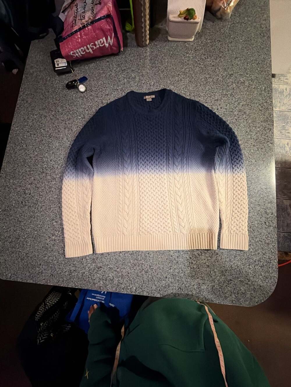 Amicale Cable Knit Sweater Size L Blue Cream Ombre Wool Cashmere Crewneck